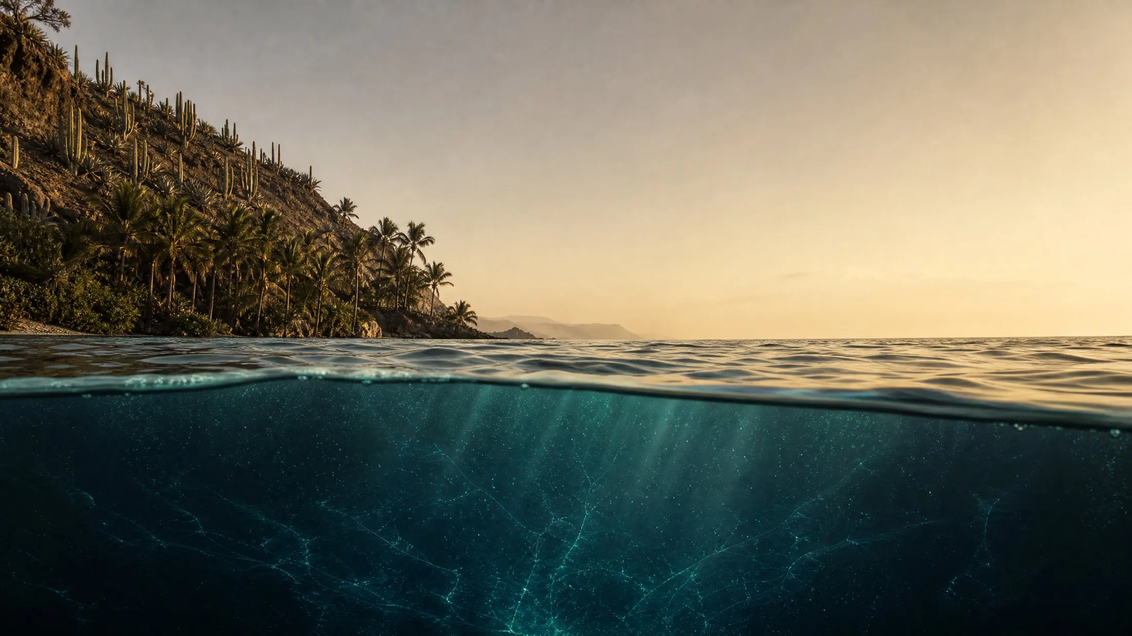 The ocean at golden hour, a desert headland with cardón and coconut palms above the waterline and luminous light in the water below