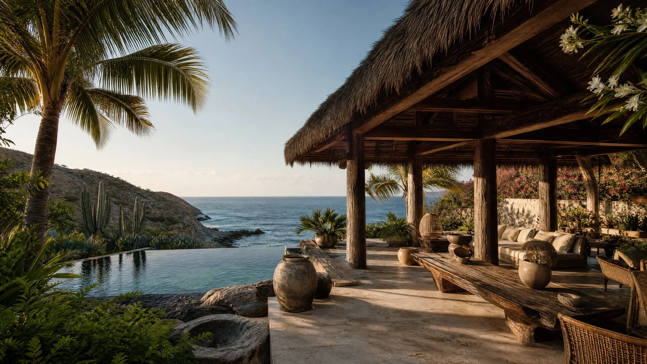 An open-air palapa pavilion with a plunge pool cut into volcanic rock above the ocean, coconut palms beside it and a cardón hillside beyond
